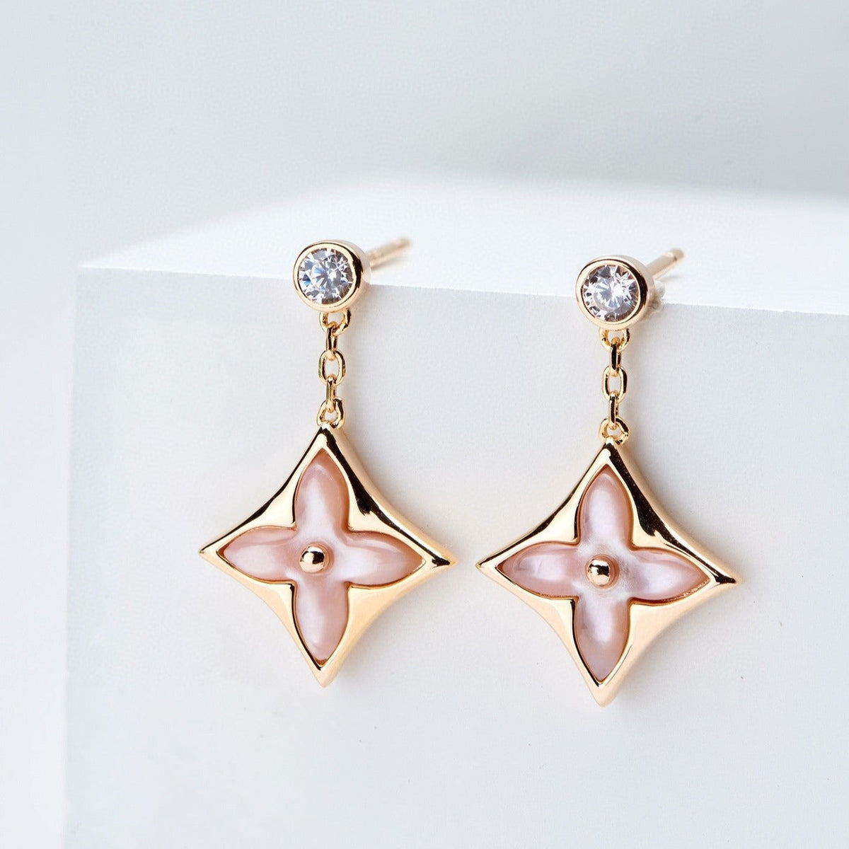 [Stellar Jewelry]DOUBLE STAR PINK GOLD MOP DROP EARRINGS
