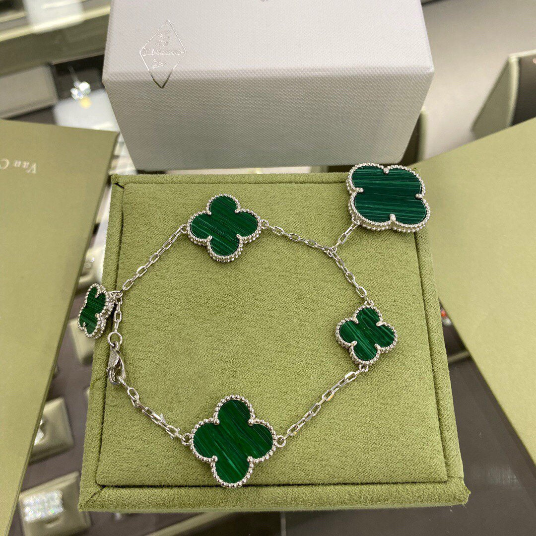 [Stellar Jewelry]CLOVER 5 MOTIFS SIVLER MALACHITE BRACELET