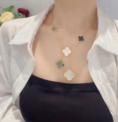 [Stellar Jewelry]CLOVER 6 MOTIF MOP ONYX GOLD NECKLACE
