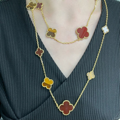 [Stellar Jewelry]CLOVER 16 MOTIF CARNELIAN TIGER EYE ROSE GOLD NECKLACE