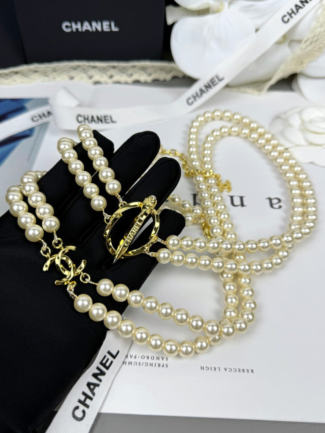 [Stellar Jewelry]25K Pencil Double C Double-Layer Pearl Sweater Chain