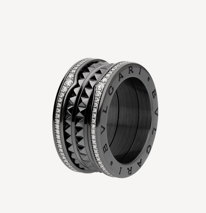 [Stellar Jewelry]ZERO 1 ROCK FOUR-BAND BLACK CERAMIC WITH STUDDED SPIRAL AND PAVED DIAMONDS RING