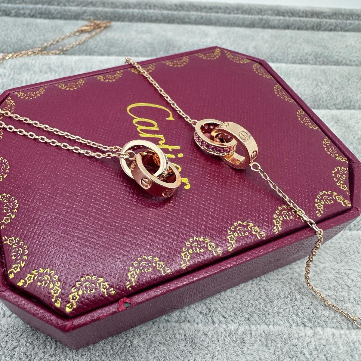 [Stellar Jewelry]LOVE DOUBLE PINK STONES RING NECKLACE