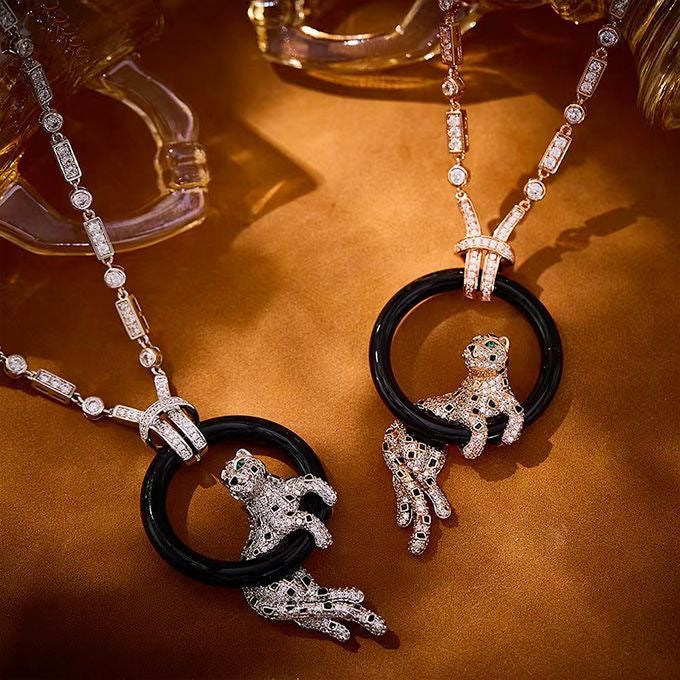 [Stellar Jewelry]NEW BLACK CIRCLE PANTHER FULL DIAMOND NECKLACE