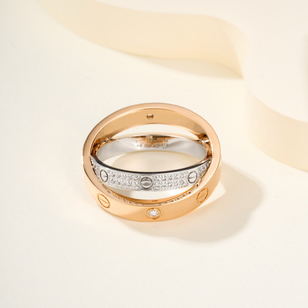 [Stellar Jewelry]LOVE PINK GOLD SILVER DIAMOND DOUBLE RING