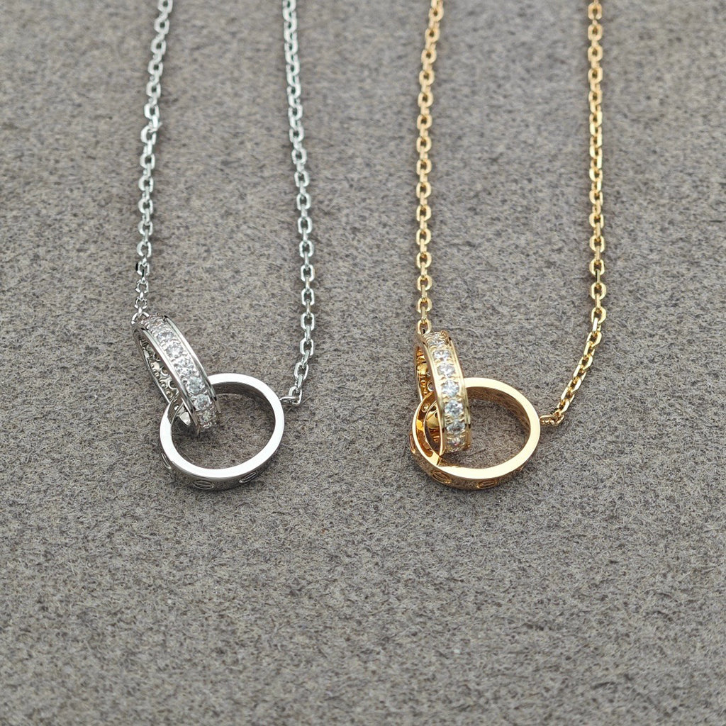 [Stellar Jewelry]LOVE DOUBLE RING HALF DIAMOND NECKLACE