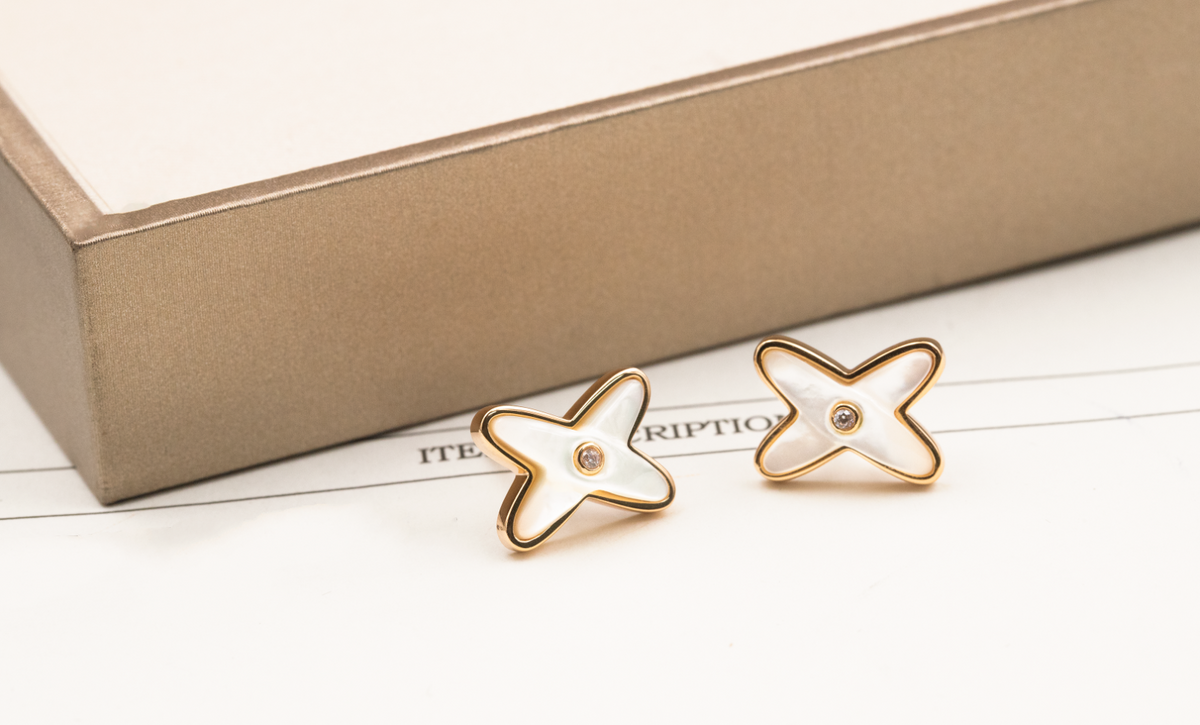 [Stellar Jewelry]JEUX DE WHITE MOP ROSE GOLD DIAMOND EARRINGS