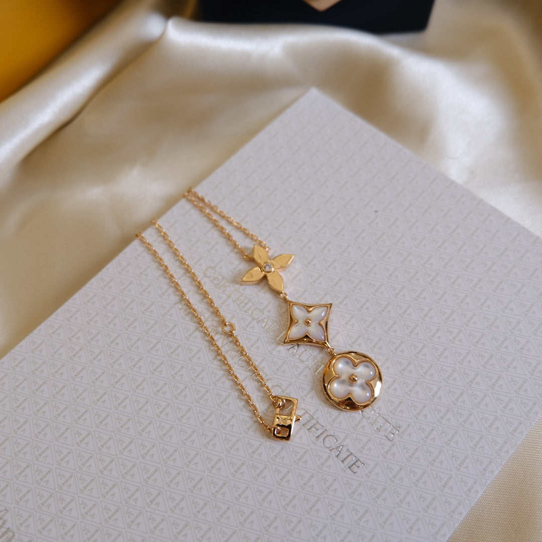 [Stellar Jewelry]COLOR BLOSSOM LARIAT NECKLACE PINK GOLD WHITE MOTHER PEARL AND DIAMOND