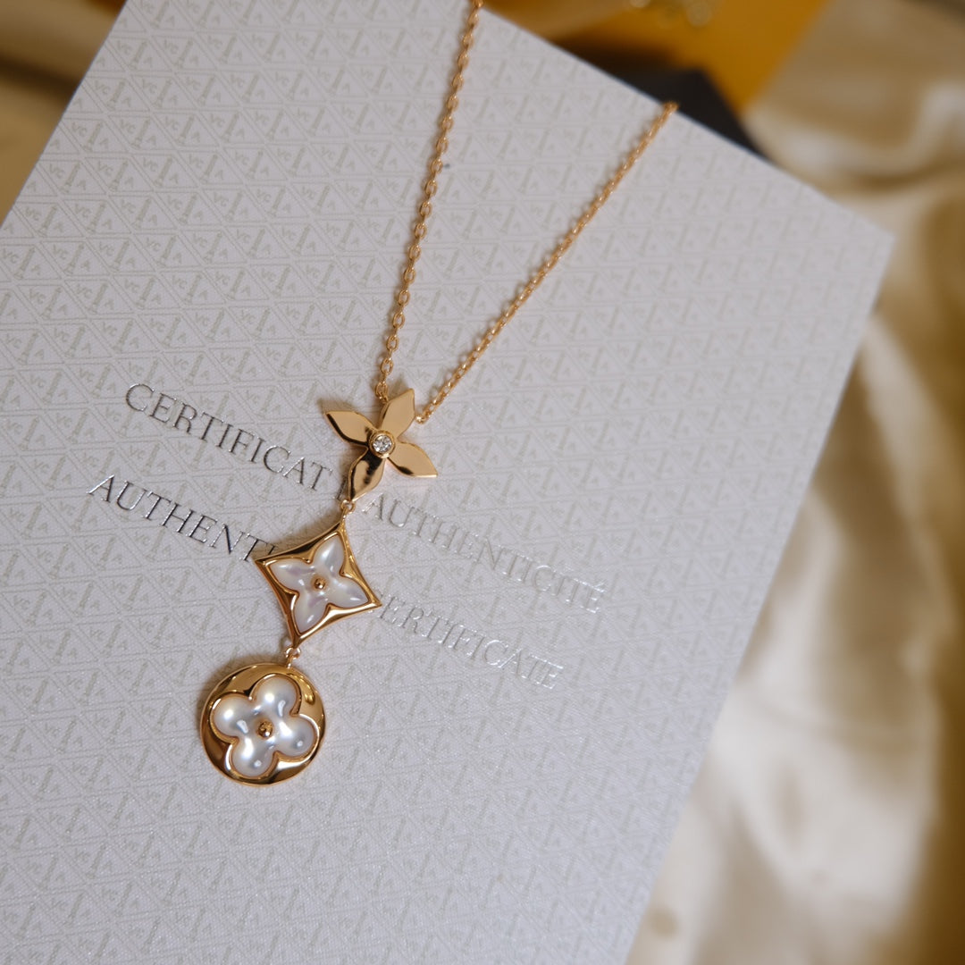 [Stellar Jewelry]COLOR BLOSSOM LARIAT NECKLACE PINK GOLD WHITE MOTHER PEARL AND DIAMOND