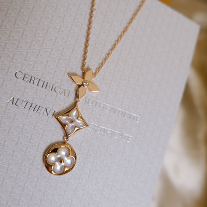 [Stellar Jewelry]COLOR BLOSSOM LARIAT NECKLACE PINK GOLD WHITE MOTHER PEARL AND DIAMOND
