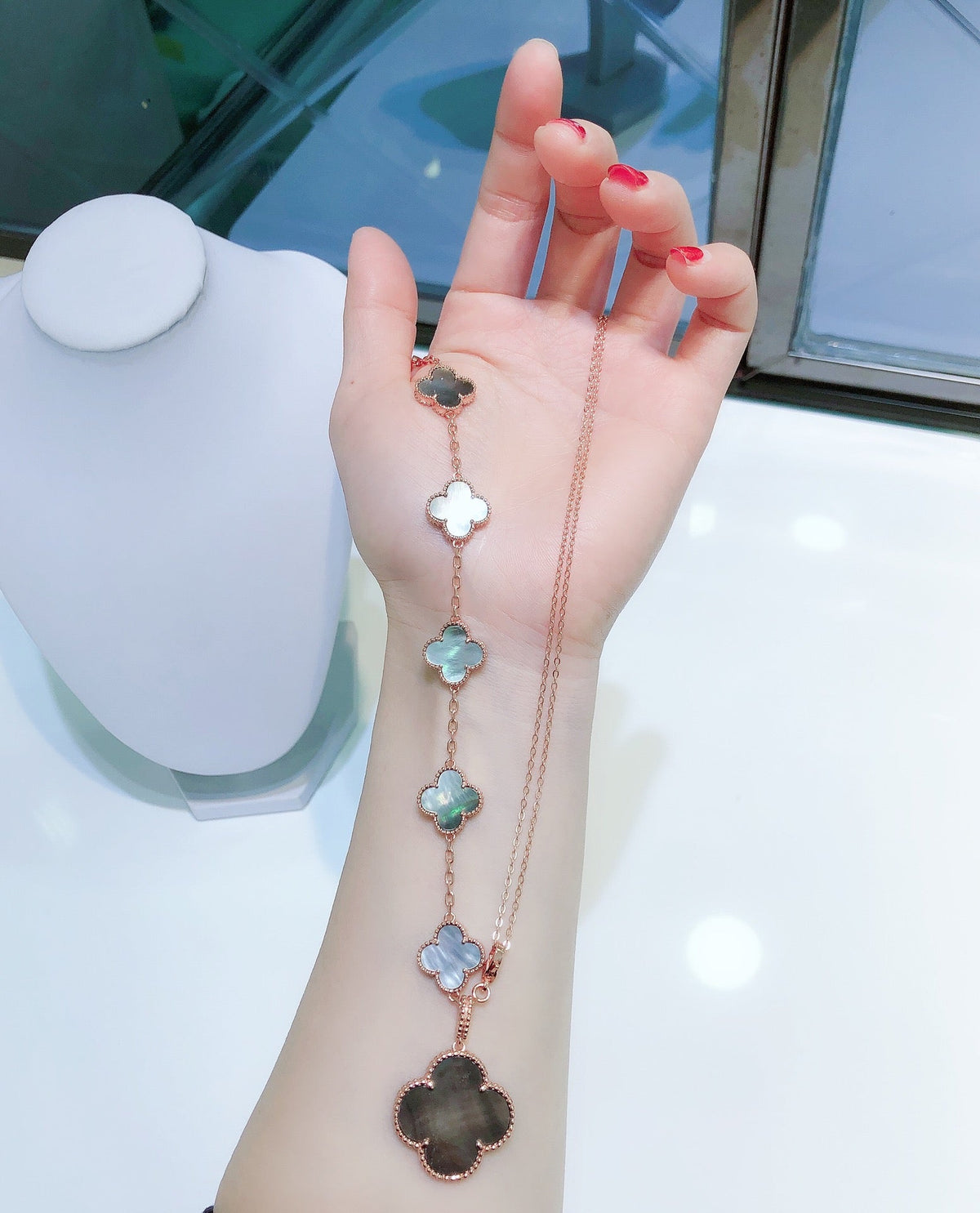 [Stellar Jewelry]COMBINED BRACELET 5 MOTIFS AND NECKLACE DARK MOP ROSE GOLD