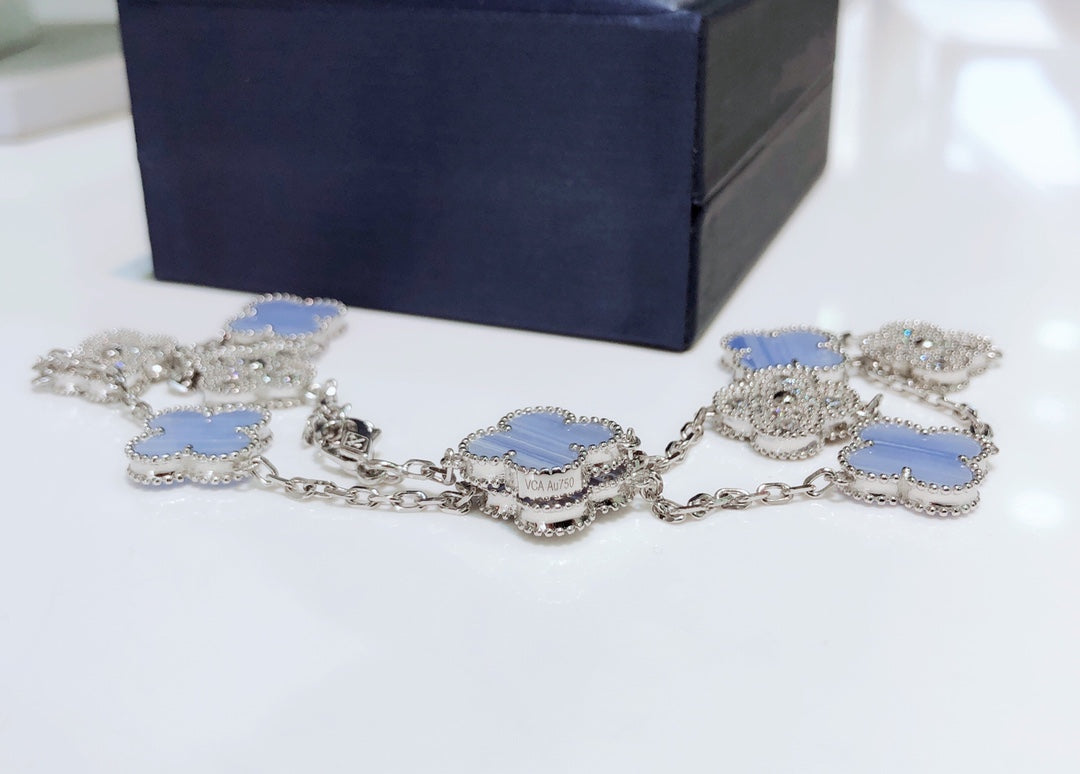 [Stellar Jewelry]CLOVER 10 MOTIFS CHALCEDONY DIAMONDS SILVER NECKLACE
